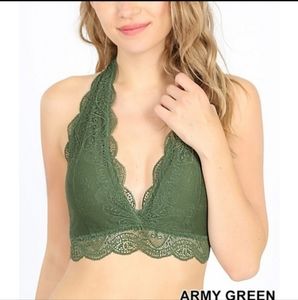 Zenana Outfitters Scalloped Lace Halter Neck Padded Bra - Army Green